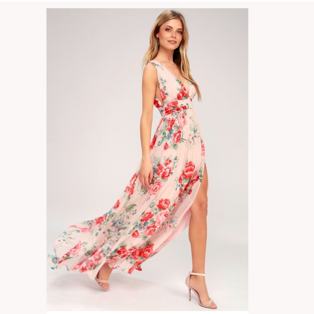 Garden Meandering Blush Floral Print Maxi Dress